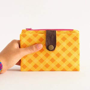 Gelbe Brieftasche Frauen, karierte Brieftasche für Frauen, Retro Brieftasche Reißverschluss, Mod Brieftasche Frauen, langsame Mode, karierte Brieftasche
