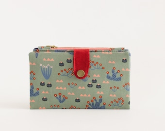 Long wallet with zipper pouch, credit card wallet with cactus, olive green wallet bifold, terrarium wallet passport holder