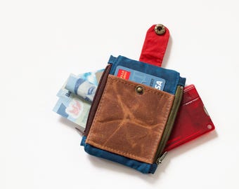 waxed canvas wallet for men, front pocket pouch EDC wallet, double zipper wallet gift for boyfriend, trail wallet lightweight