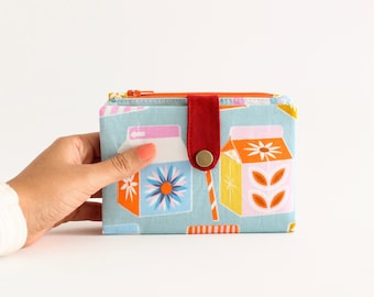 Cartera retro para mujer, cartera kawaii de cartón para jugos, cartera vegana genial para mujer, cartera con cremallera, cartera pequeña plegable, cartera para tarjetas de crédito