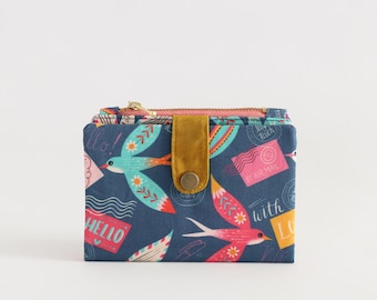 Colorful messenger pigeon wallet bifold with zipper, pigeon with love & hello message, floral vegan wallet with hot pink inner fabric
