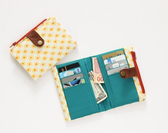 Carteira Daisy para mulheres, carteira de primavera Bifold, carteira vegana para mulheres, bolsa carteira com zíper, carteira pequena para mulheres, bolsa carteira azul-petróleo com zíper