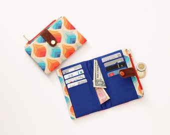 Retro wallet for women, orange wallet women vegan, cream wallet women cotton, mod wallet credit card holder