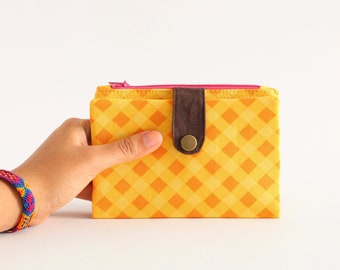 Cartera amarilla para mujer, cartera a cuadros para mujer, cartera retro con cremallera, cartera mod para mujer, moda lenta, cartera a cuadros