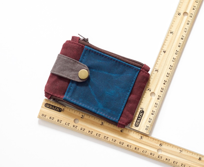 Carteira tática fina com zíper duplo, bolsa carteira de lona encerada, carteira pequena fina, carteira de identidade EDC, carteira bordô e azul para homens imagem 5