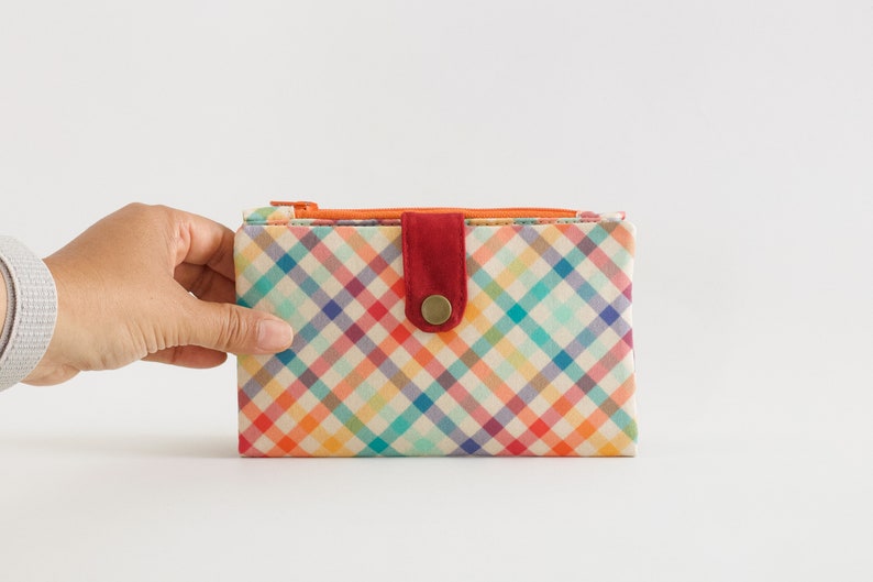 Cartera larga Retro Plaid mujer, cartera mod para mujer, cartera bifold años 70, cartera a cuadros con cremallera, cartera de bolsillo única zdjęcie 3