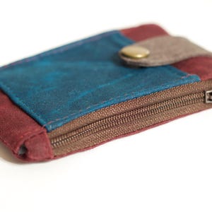Carteira tática fina com zíper duplo, bolsa carteira de lona encerada, carteira pequena fina, carteira de identidade EDC, carteira bordô e azul para homens imagem 4