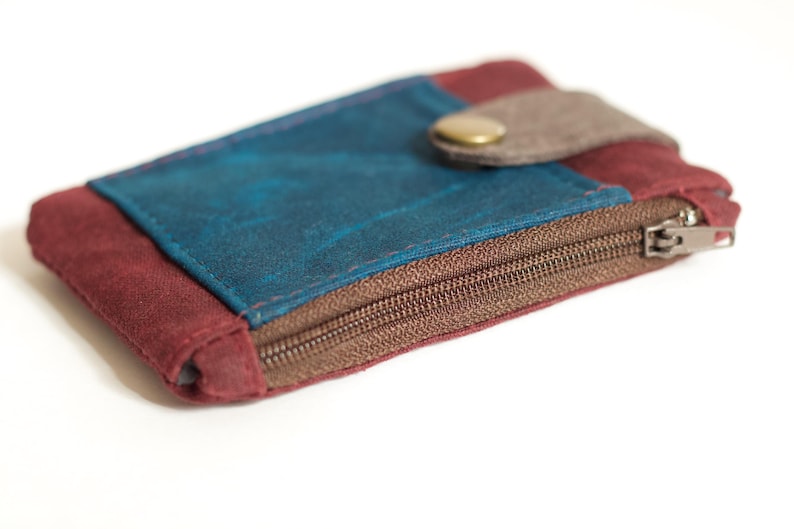 Carteira tática fina com zíper duplo, bolsa carteira de lona encerada, carteira pequena fina, carteira de identidade EDC, carteira bordô e azul para homens imagem 4