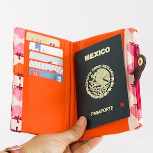 strawberry wallet travel, orange passport holder, fabric travel wallet, sorbet passport wallet with zipper pouch