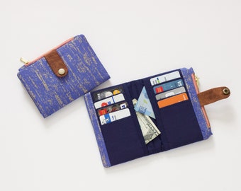 Gold and blue wallet women, vegan small wallet, card wallet coin purse, zipper wallet credit card, shimmer wallet night sky
