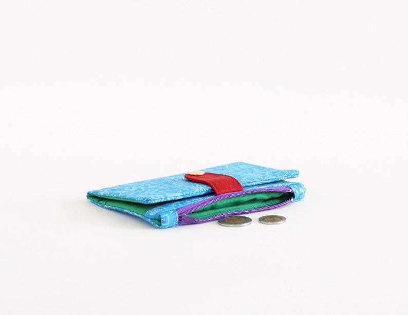 Cartera azul para mujer, cartera para dama, cartera con sobre para dinero, cartera con cremallera, cartera pequeña con cremallera, cartera pequeña plegable, cartera azul imagen 3