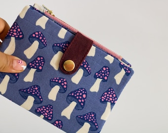 Mushroom wallet women, midnight blue and inside yellow wallet with lilac YKK zipper, funky wallet, fungi wallet credit card