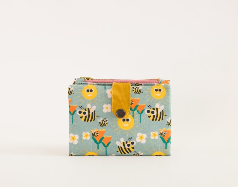 Carteira pequena Happy Bee, salve as abelhas, carteira dobrável com zíper para mulheres, carteira de viagem fofa, carteira ecológica com bolsa com zíper imagem 1