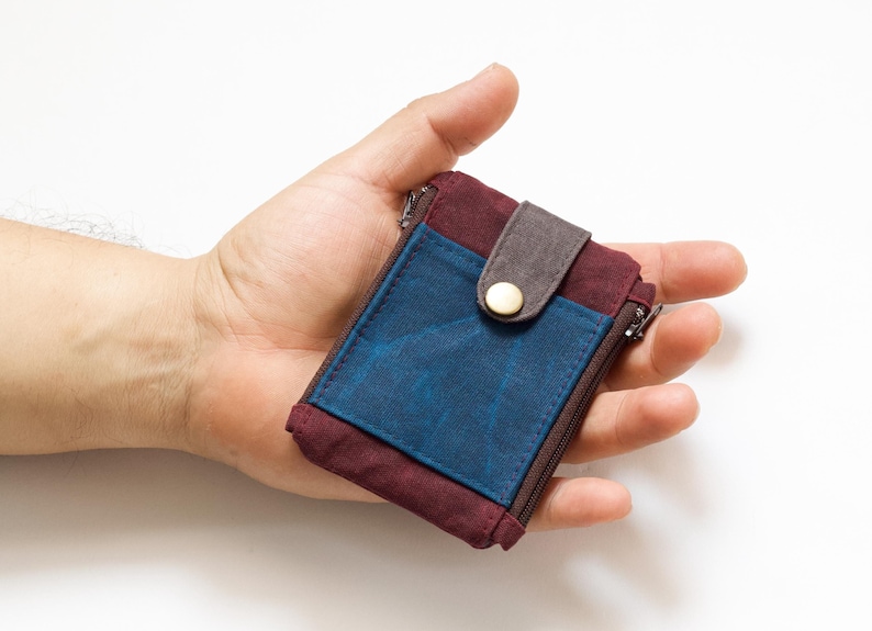 Carteira tática fina com zíper duplo, bolsa carteira de lona encerada, carteira pequena fina, carteira de identidade EDC, carteira bordô e azul para homens imagem 1