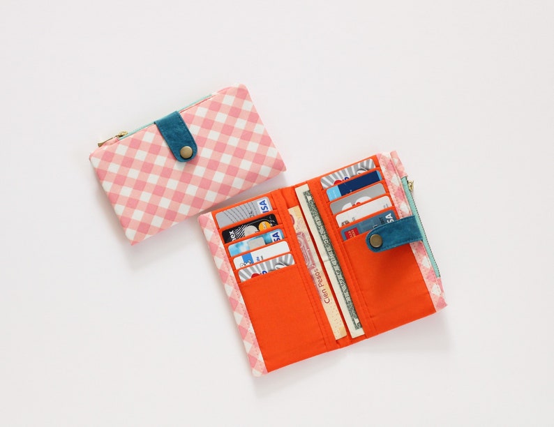 Cartera rosa para mujer, cartera larga a cuadros, cartera retro de viaje, cartera larga para mujer, cartera grande plegable, organizador de tarjetas de crédito imagen 2