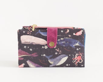 whale wallet for women, animals sea travel wallet, vegan wallet women, zipper wallet handmade, fabric long wallet bifold