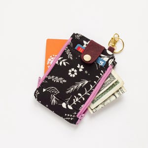 Monedero con llavero de bolsillo diminuto, monedero de bolsillo negro y lila con dos cremalleras, monedero vegano con bolsillo frontal, regalo perfecto para ella