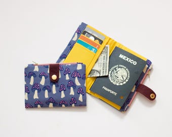Cute wallet travel with zipper pouch, mushroom wallet passport for women, bold colors travel wallet, maximalist travel wallet handmade