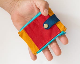 Carteira tática mini para homens, carteira de lona encerada com bolso frontal, presente maximalista para ele, carteira fina colorida, carteira pequena vegana com 2 zíperes