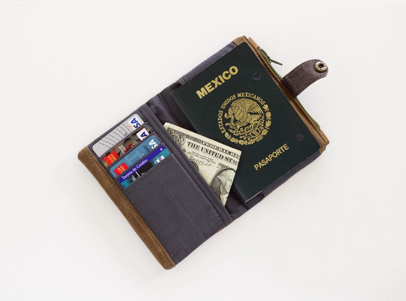 carteira de viagem para homens organizador de cartão de crédito feito com lona encerada, carteira com zíper bifold, carteira de couro vegano imagem 3