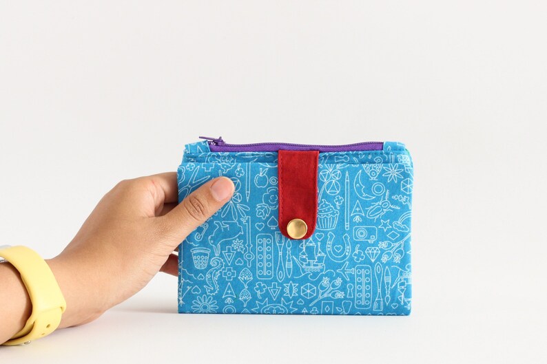 Cartera azul para mujer, cartera para dama, cartera con sobre para dinero, cartera con cremallera, cartera pequeña con cremallera, cartera pequeña plegable, cartera azul imagen 1