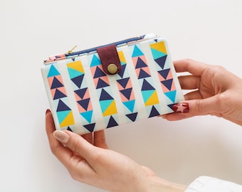 Geometric wallet for women, long wallet travel, multicolor triangles wallet credit card, cotton wallet with zipper pouch, abstract wallet