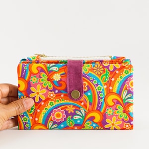 Cartera psicodélica para mujer, cartera de los años 70 para mujer, cartera larga de viaje de los años 70, cartera plegable con cremallera