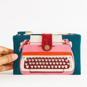 Cartera tipo máquina de escribir verde azulado para mujer, billetera larga retro, billetera de viaje plegable, billetera moderna con cremallera, billetera de los años 70, linda billetera grande