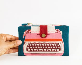 Teal Typewriter wallet for women, long wallet retro, travel wallet bifold, mod wallet zipper, 70s wallet, cute wallet large