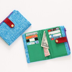 Cartera azul para mujer, cartera para dama, cartera con sobre para dinero, cartera con cremallera, cartera pequeña con cremallera, cartera pequeña plegable, cartera azul imagen 2