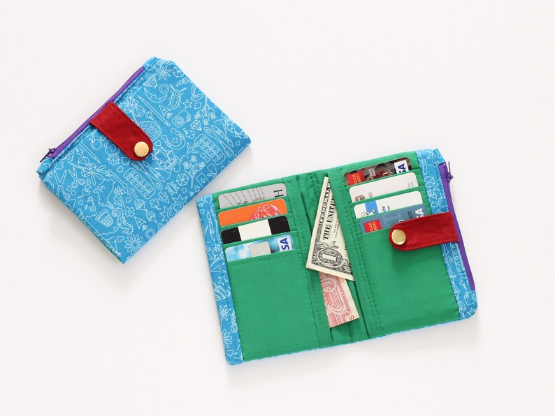 Cartera azul para mujer, cartera para dama, cartera con sobre para dinero, cartera con cremallera, cartera pequeña con cremallera, cartera pequeña plegable, cartera azul imagen 2