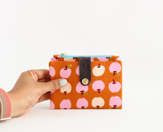pink apple cotton wallet inner color magenta and sky-blue zipper, bifold women pocketbook