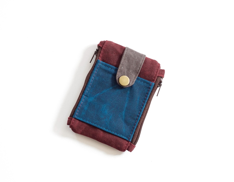 Carteira tática fina com zíper duplo, bolsa carteira de lona encerada, carteira pequena fina, carteira de identidade EDC, carteira bordô e azul para homens imagem 3