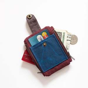 Carteira tática fina com zíper duplo, bolsa carteira de lona encerada, carteira pequena fina, carteira de identidade EDC, carteira bordô e azul para homens imagem 2