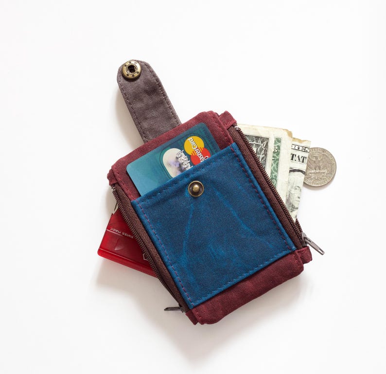 Carteira tática fina com zíper duplo, bolsa carteira de lona encerada, carteira pequena fina, carteira de identidade EDC, carteira bordô e azul para homens imagem 2