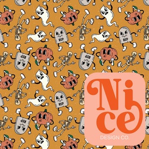 Halloween Seamless Pattern, Retro Rubber Hose Pumpkins Skeleton, Kids Clothing Fabric