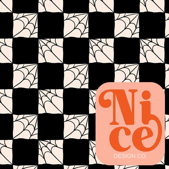 Halloween Spider Web Seamless Pattern, Checkerboard Print, Hand Drawn Trendy Fabric File