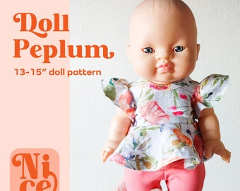 minikane peplum pdf pattern, pdf doll pattern, 13in doll pattern, 15in doll pattern, miniland doll pattern, doll peplum pattern