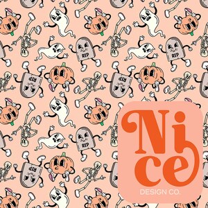 seamless file for fabric, halloween, rubber hose, retro, hand drawn, pumpkins, skeleton, ghost, kid&#39;s clothing, bedding