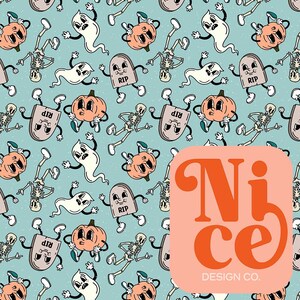 seamless file for fabric, halloween, rubber hose, retro, hand drawn, pumpkins, skeleton, ghost, kid&#39;s clothing, bedding