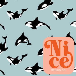 seamless file for fabric, killer whale, orca, sea life, ocean, hand drawn, gender neutral, kid&#39;s clothing, bedding, fabric file