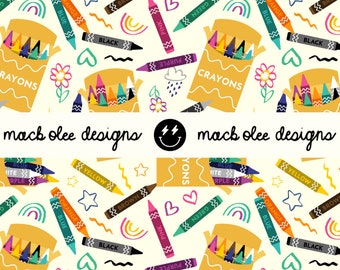 May include: A seamless pattern featuring a box of crayons with the word "Crayons" on the front. The pattern also includes crayons in various colors, stars, hearts, rainbows, and flowers. The text "mack olee designs" appears twice in the pattern.