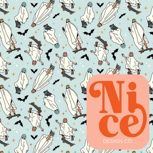 Halloween Ghost Bat Skateboard Seamless Pattern, Hand Drawn Kids Clothing Fabric