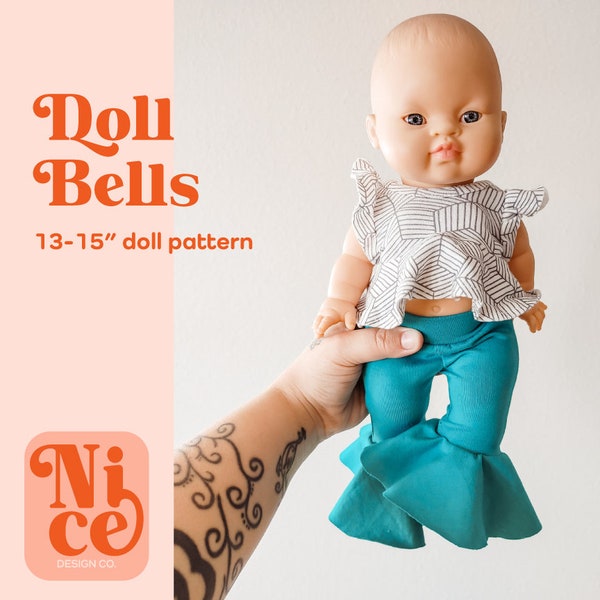 minikane bells pdf pattern, pdf doll pattern, 13in doll pattern, 15in doll pattern, doll bell bottoms, doll bells, miniland doll pattern