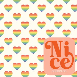 May include: A seamless pattern featuring rainbow hearts on a white background. The pattern is repeated throughout the image. The text "Nice Design Co." is in the lower right corner of the image.