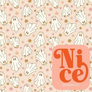 Boho Halloween Ghost Seamless Pattern, Hand Drawn Digital Fabric File Download