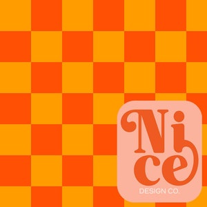 May include: A checkered background in orange and yellow with a pink square in the lower right corner. The square contains the text "Nice" in a stylized font with the words "DESIGN CO." below it.