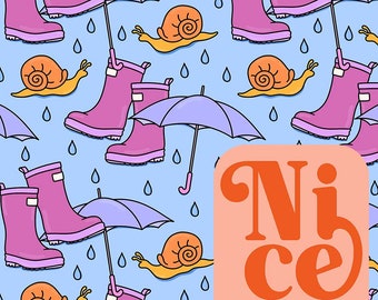Nahtloses Muster für Stoff, Regenstiefel nahtlos, Schnecken nahtlos, Regen nahtlos Datei, Frühlingsdatei, nahtlose Tumbler Wrap, nahtloses Design