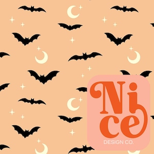seamless file for fabric, bats, halloween, moon, stars, pastel, orange, hand drawn, kid&#39;s clothing, seamless pattern, fabric file