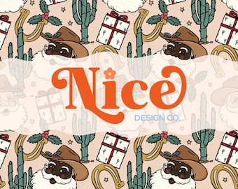 Western Christmas Seamless Pattern – Santa, Cactus, Horseshoe (Digital Paper)